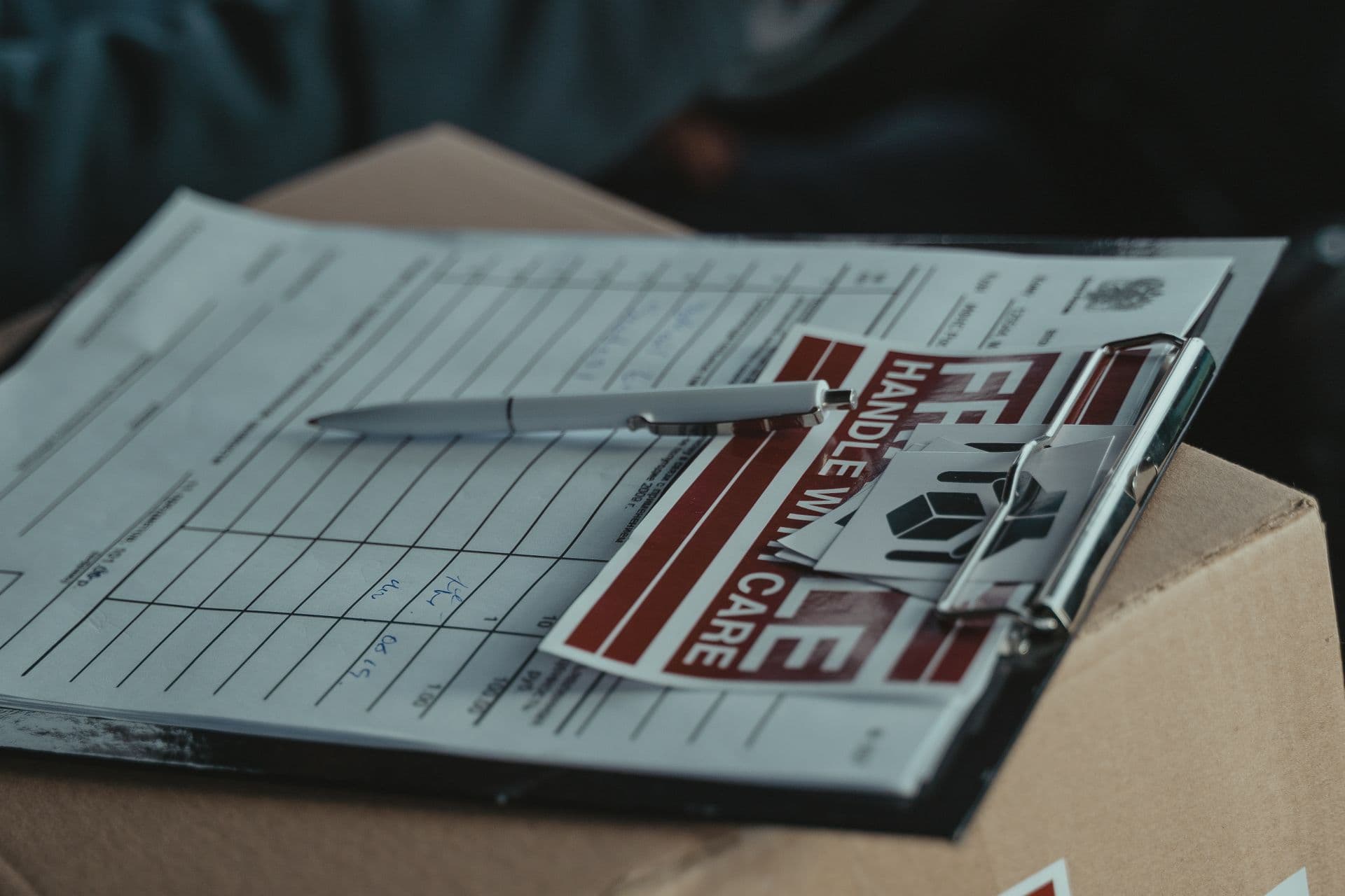 Shipping paperwork and a handle-with-care label on a clipboard